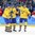 GANGNEUNG, SOUTH KOREA - FEBRUARY 15: Sweden's Dennis Everberg #18, Johan Fransson #8 and Mikael Wikstrand #5 celebrate after a third period goal against Norway during preliminary round action at the PyeongChang 2018 Olympic Winter Games. (Photo by Andre Ringuette/HHOF-IIHF Images)

